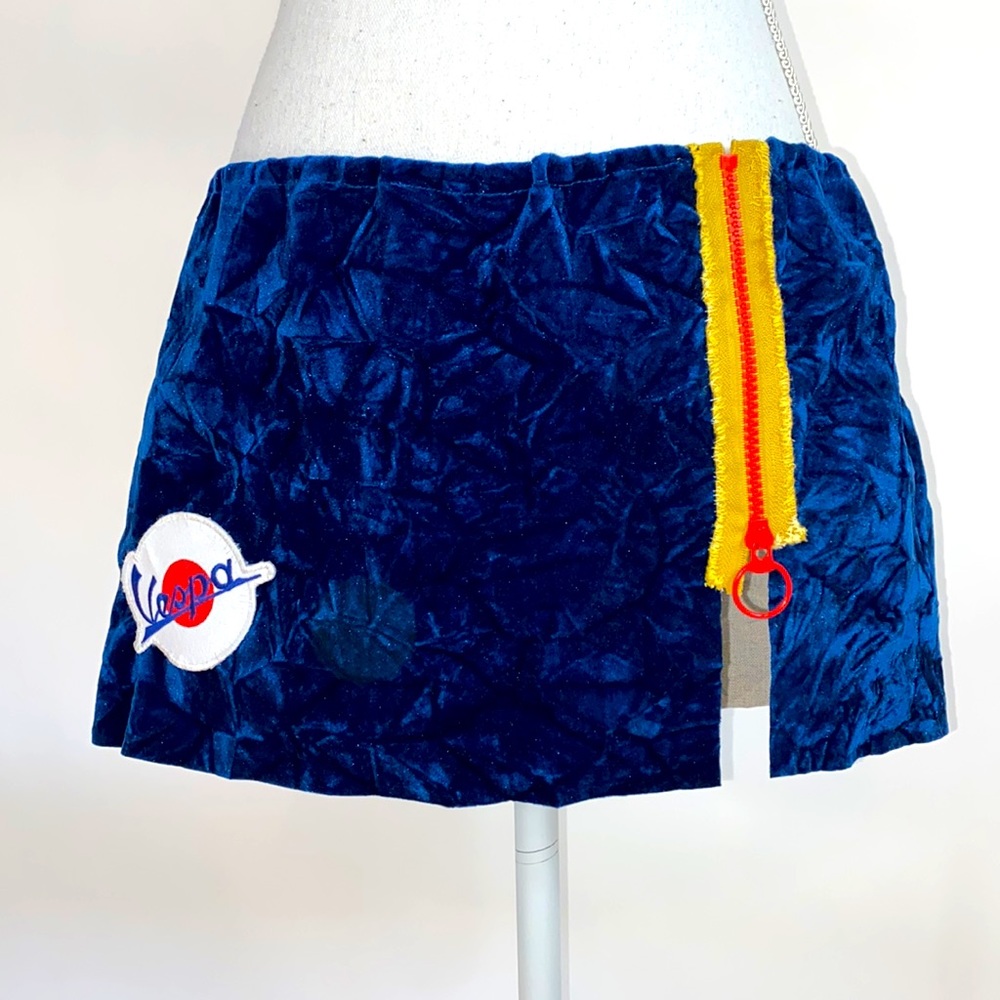 Blue crushed velvet Vespa side zip micro mini skirt